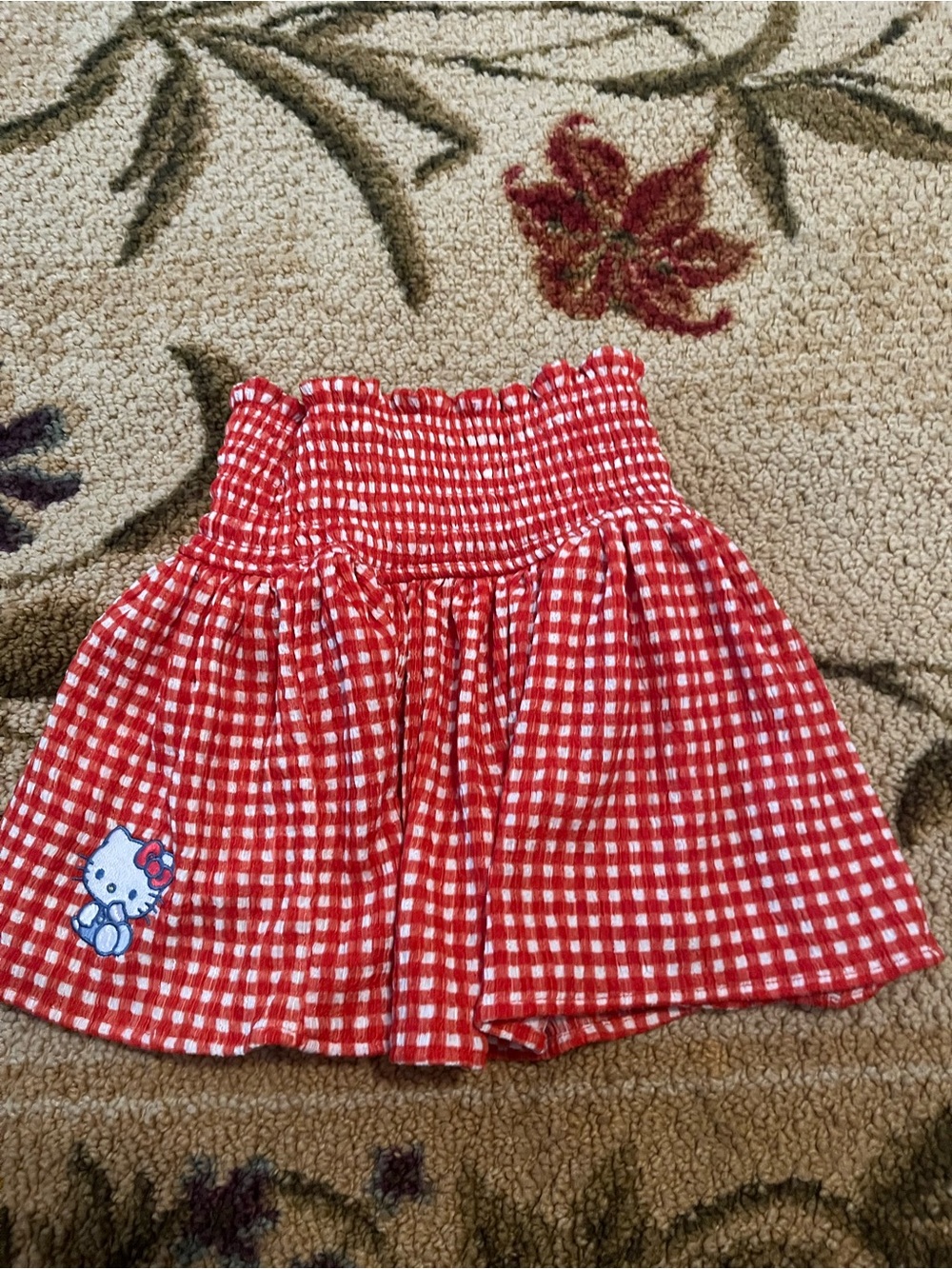 Red Gingham Smocked Waist Skirt with built in shorts with hello Kitty Patch